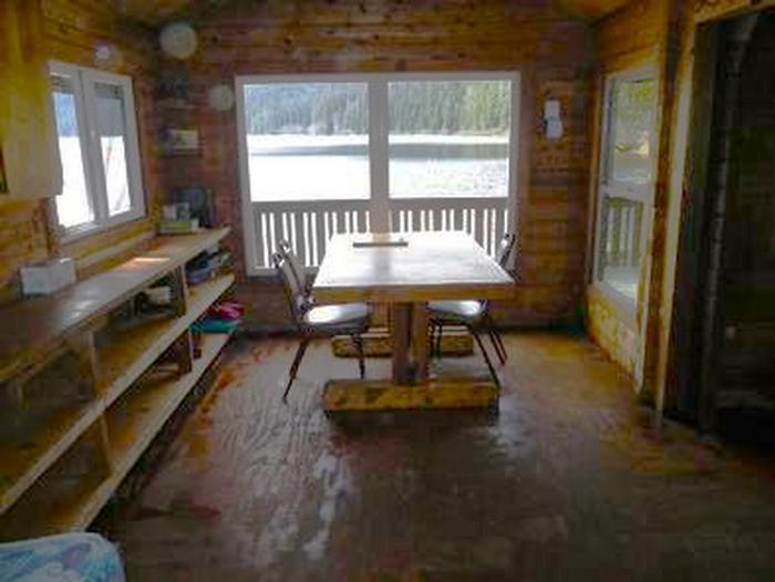 Virginia Lake Cabin wood table and shelvesVirginia Lake Cabin interior