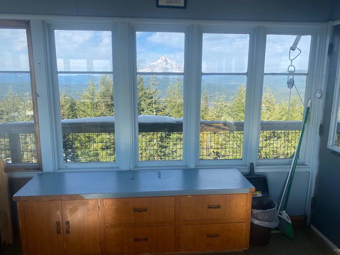 View of Mt. Hood from inside Clear Lake lookout.