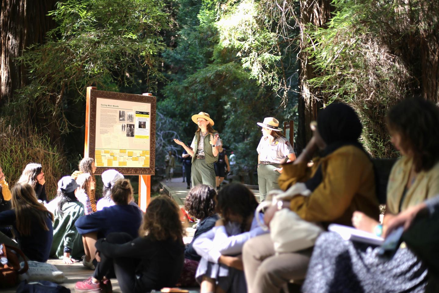 Rangers speaking with school groupMore than just a forest, Muir Woods has rich cultural history.