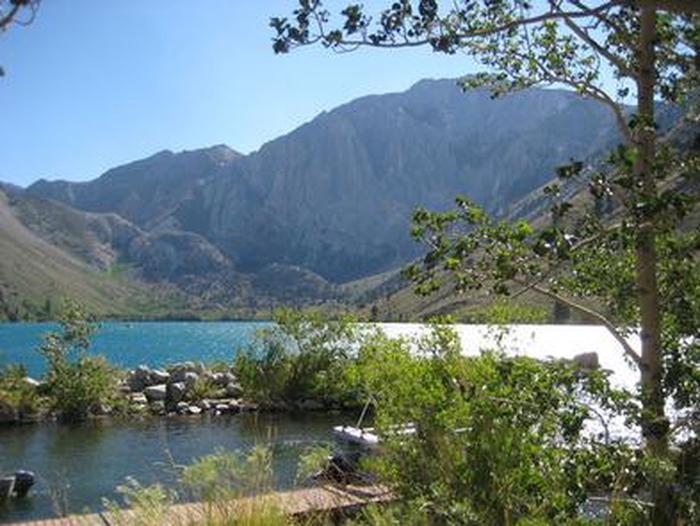 A mountain lake as seen from a campgroundConvict Lake Campground