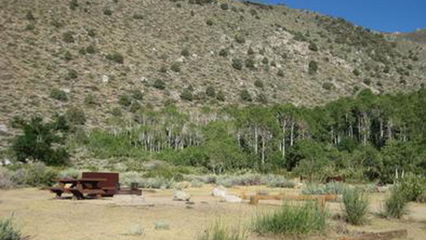 A campsite with a picnic table and bear box in a desert campgroundFour Jeffrey Campground