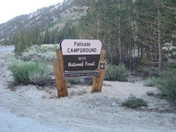 A brown and yellow Forest Service sign for Palisade CampgroudPalisades Group Campground