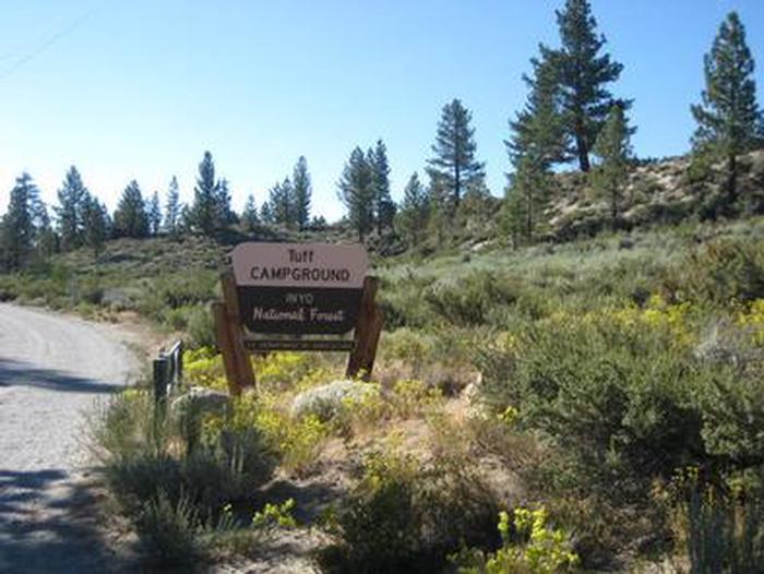 A brown and yellow Forest Service sign for Tuff CampgroundTuff Campground