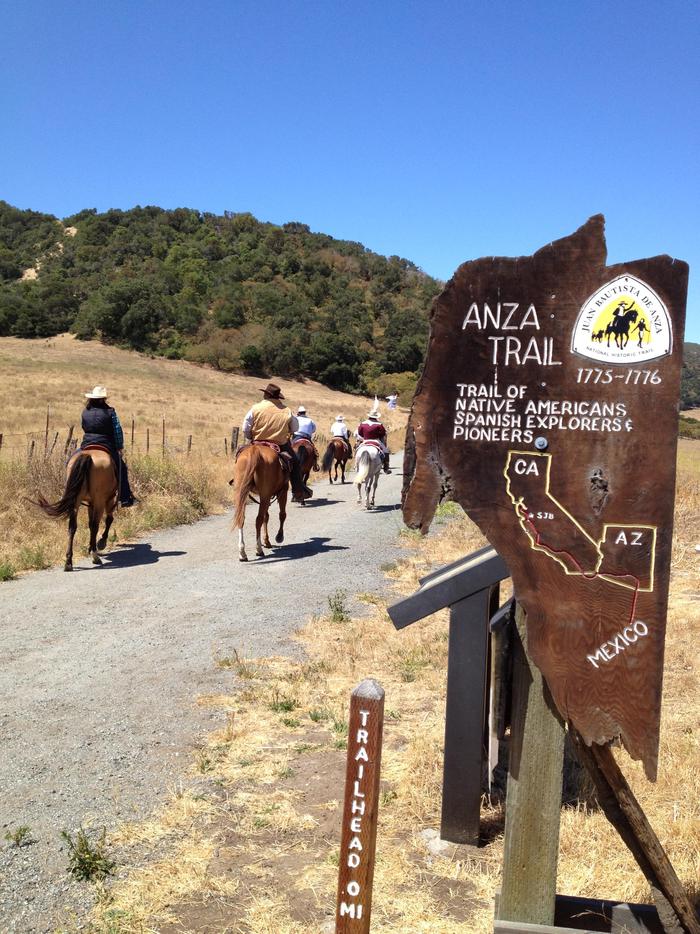 San Juan Bautista Trailhead with EquestriansEquestrians walk the Anza Trail