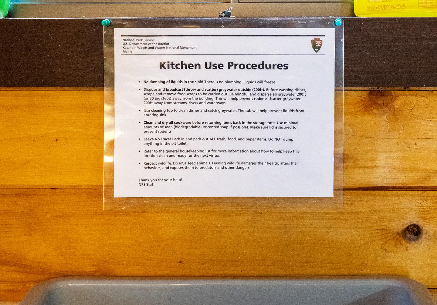 A photo of kitchen use procedures.Pack it in and pack it out. Follow Leave No Trace principles.