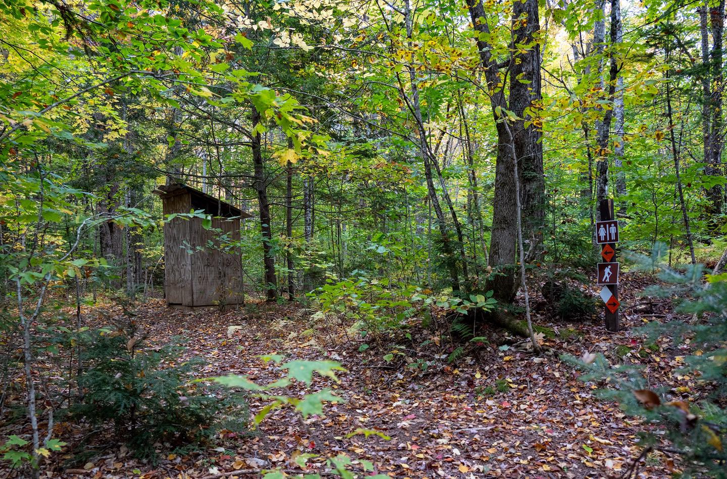 A rectangular wooden outhouse tucked behind branches in the woods away from the main trail on the left. The vegetation is mostly green and densely overgrown in the forest with some leaves changing from green to yellow and oranges. A wooden post is to the right of the trail with icons that tell visitors directions.An outhouse is available for use. Follow the trail up the hill and away from the campsite to access it.