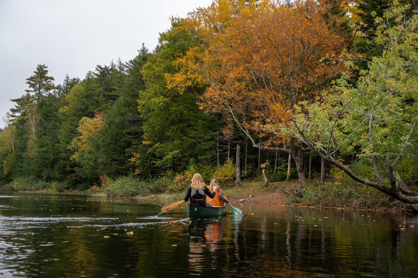 Two people in a canoe wearing life vests paddle towards Big Seboeis campsite from the calm river on an overcast day. The clearing starts with a small steep dirt ramp that goes up to a more flat grassy area.Paddle the East Branch of the Penobscot River to Big Seboeis campsite!