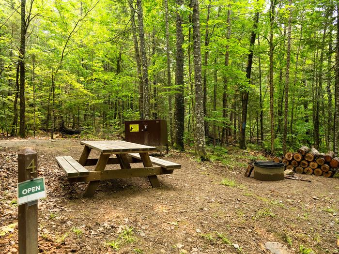 A wooden post with number 4 on it to distinguish campsite 4. A wooden picnic table, metal food storage locker, and a metal fire ring with logs in the foreground. A leveled gravel tent pad sits behind the picnic table.Lunksoos Campsite Four provides a private location in the woods.