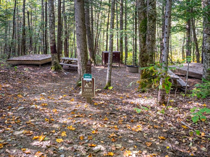 Three wooden tent platforms and two picnic tables, a metal fire pit and food storage locker surrounded by trees at Lunksoos Campsite Seven.Lunksoos Campsite Seven accommodates large groups. It feels like a more private space being tucked away in the forest and surrounded by trees.