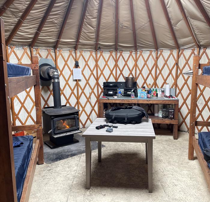 Inside Limber YurtInside the Yurt (see stove, propane powered grills, skillet, pot, and other ammenities).