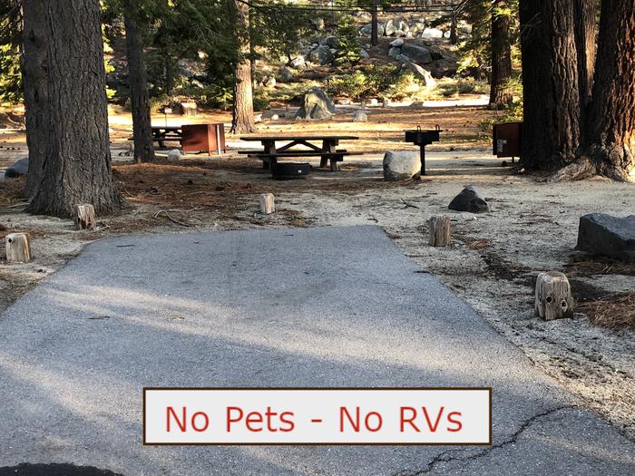 A Photo of campsite S30 showing paved parking area, picnic table and trees.   No Pets, No RVs banner.Tent Campsite S30