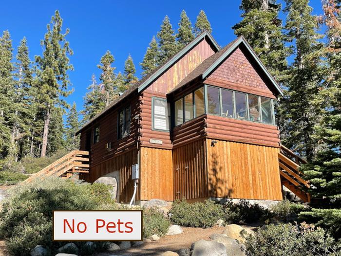 Exterior view of Cabin 2, nestled on a hillside under tall evergreen trees. No Pets banner.Cabin 2 Exterior View