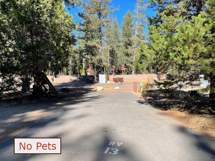 RV site 13 situated under tall evergreen trees with paved parking pad and fire ring. No pets banner.RV Site 13