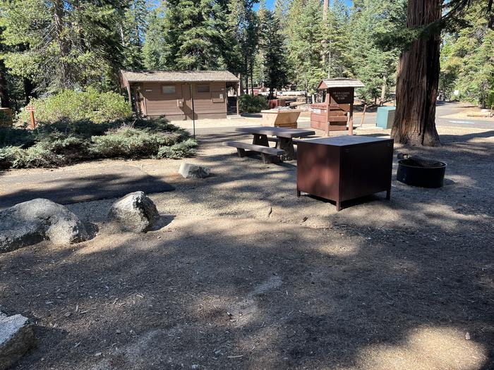 Right side of site showing picnic table, bear box, and fire ring included in site and the restroom, dumpster, and fire dump station in the backgroundRight side of site showing picnic table, bear box, and fire ring included in site nearby the restroom