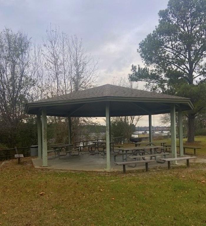 Tom Bevill East Bank Shelter # 1 at Tom Bevill East Bank Day Use (Aliceville Lake) with Picnic Table, Electricity Hookup, Shade, Waterfront, Water Hookup
