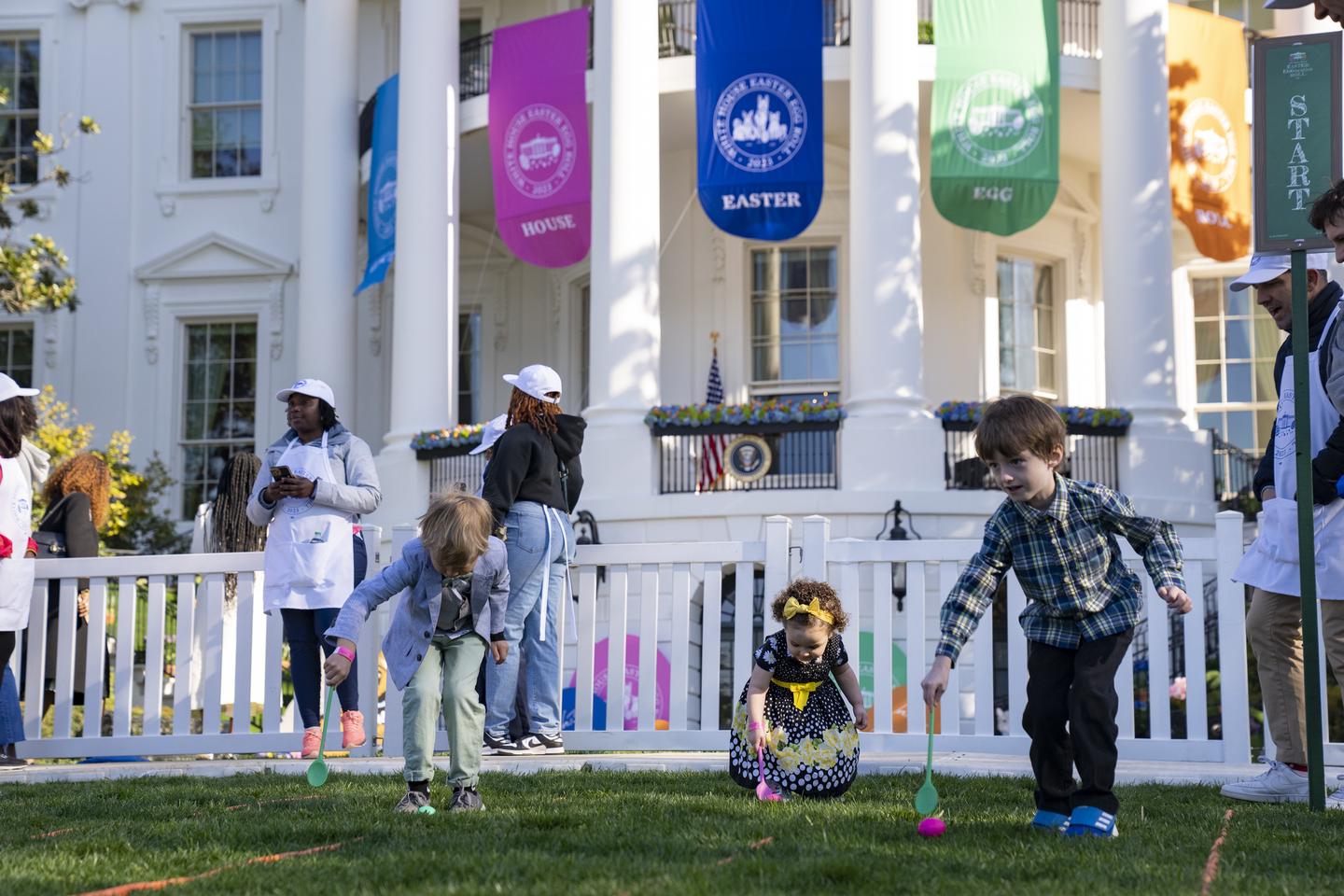 Children participating in the White House Easter Egg Roll, on the South Lawn of the White House. 