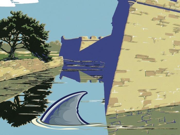 CAD Graphic of Western portion of moat around Coquina Fort.  Illustration of shark fin portruding from water in foreground with a Juniper tree overhanging moat wall.  Shadow reflection of Northwest Bastion and Juniper Tree on the waters of the moat.CAD Graphic Illustration of Shark in the Moat