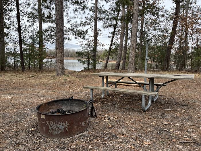 Campfire ring, picnic table, and lantern post in campsite 31