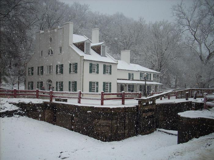 Great Falls Tavern in WinterThe canal is a winter scenescape.