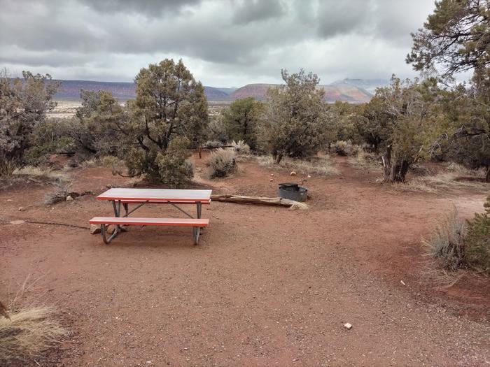 Metal picnic table and fire ring at Site 4. Surrounded by trees and a view of the ridge.Site 4 has a tent pad, picnic table, and a metal fire ring. The site is surrounded by pinon-juniper forest.