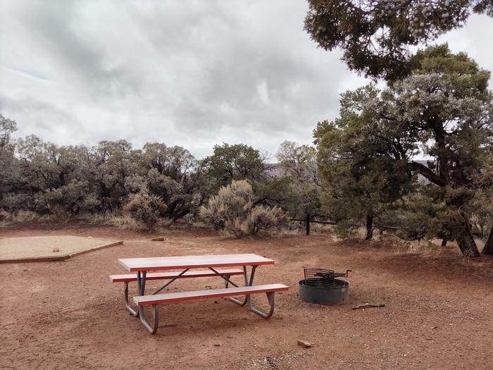Picnic table, fire ring, and tent pad, surrounded by trees and scrubs.Site 5 has two tent pads, a picnic table and a metal fire ring. The site is surrounded by a pinon-juniper forest.