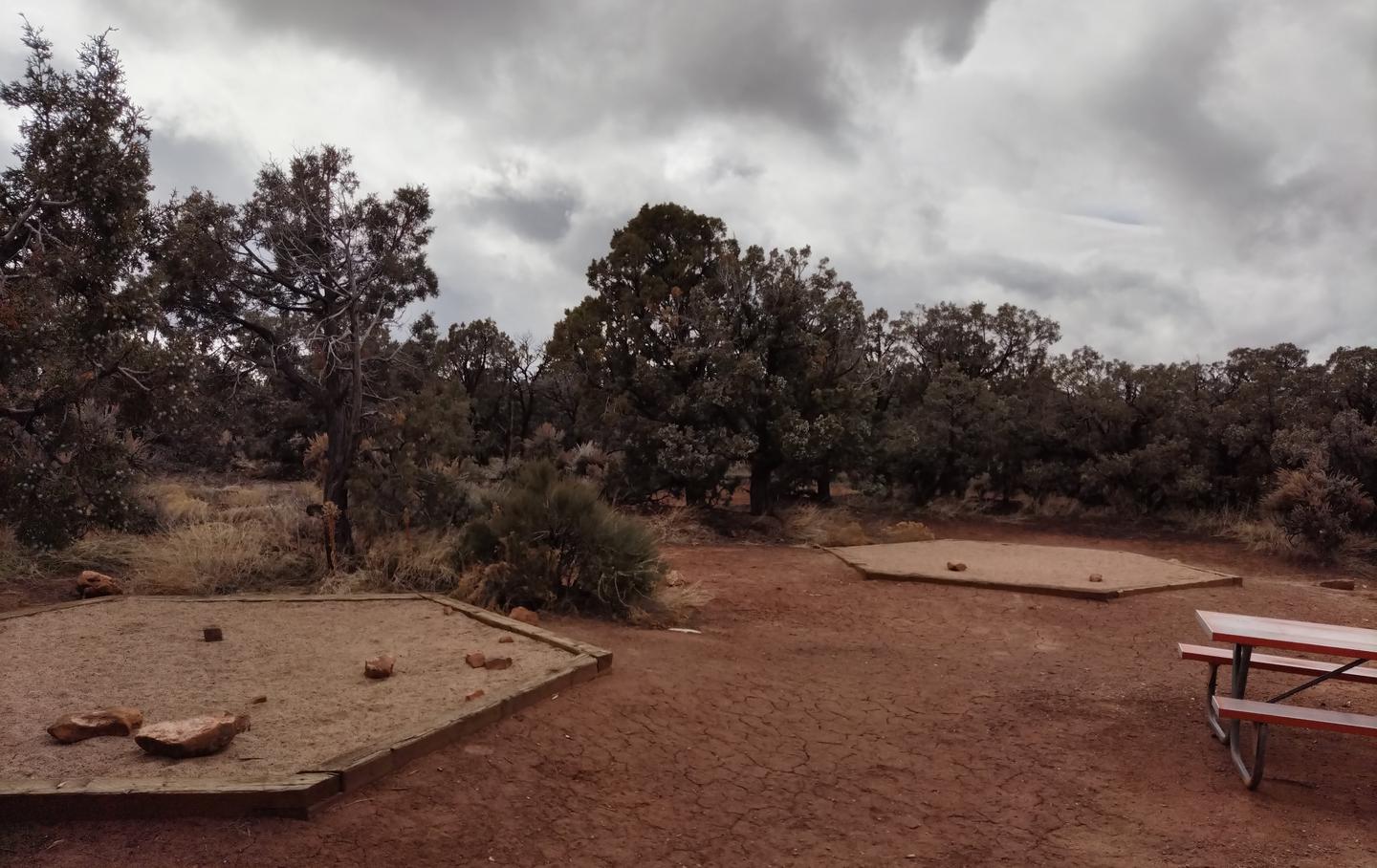 Two tent pads and a picnic table.Site 5 has two tent pads, a picnic table and a metal fire ring. The site is surrounded by a pinon-juniper forest.