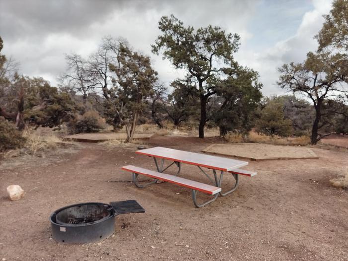 Two tent pads, a metal picnic table, and fire ring surrounded by trees and scrubs. Site 7 has two tent pads, a picnic table and a metal fire ring. The site is surrounded by a pinon-juniper forest.