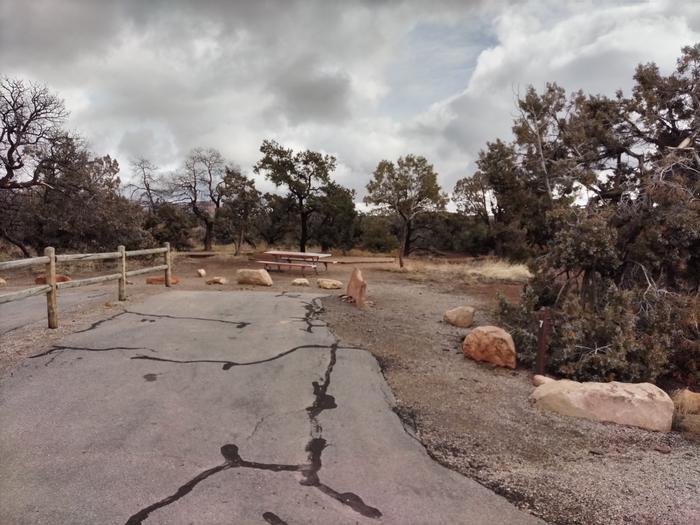 Parking spot for Site 7Site 5 has two tent pads, a picnic table and a metal fire ring. The site is surrounded by a pinon-juniper forest.