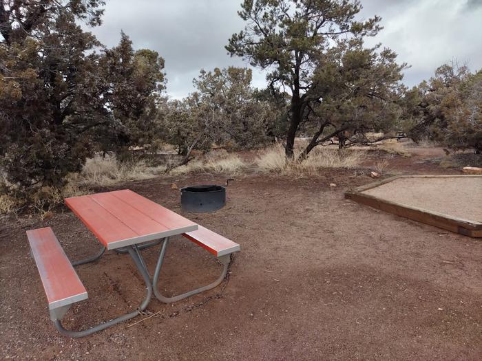 Metal picnic table, fire ring, and tent pad in a forest.Site 8 has a tent pad, a picnic table and a metal fire ring. The site is surrounded by a pinon-juniper forest.