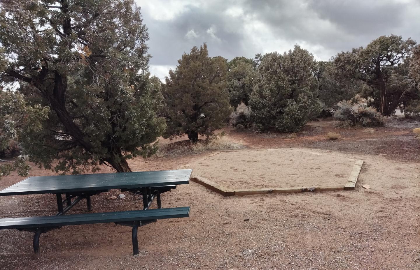 Metal picnic table and tent pad at Site 9, surrounded by forest. Site 9 has a tent pad, a picnic table and a metal fire ring. The site is surrounded by a pinon-juniper forest.