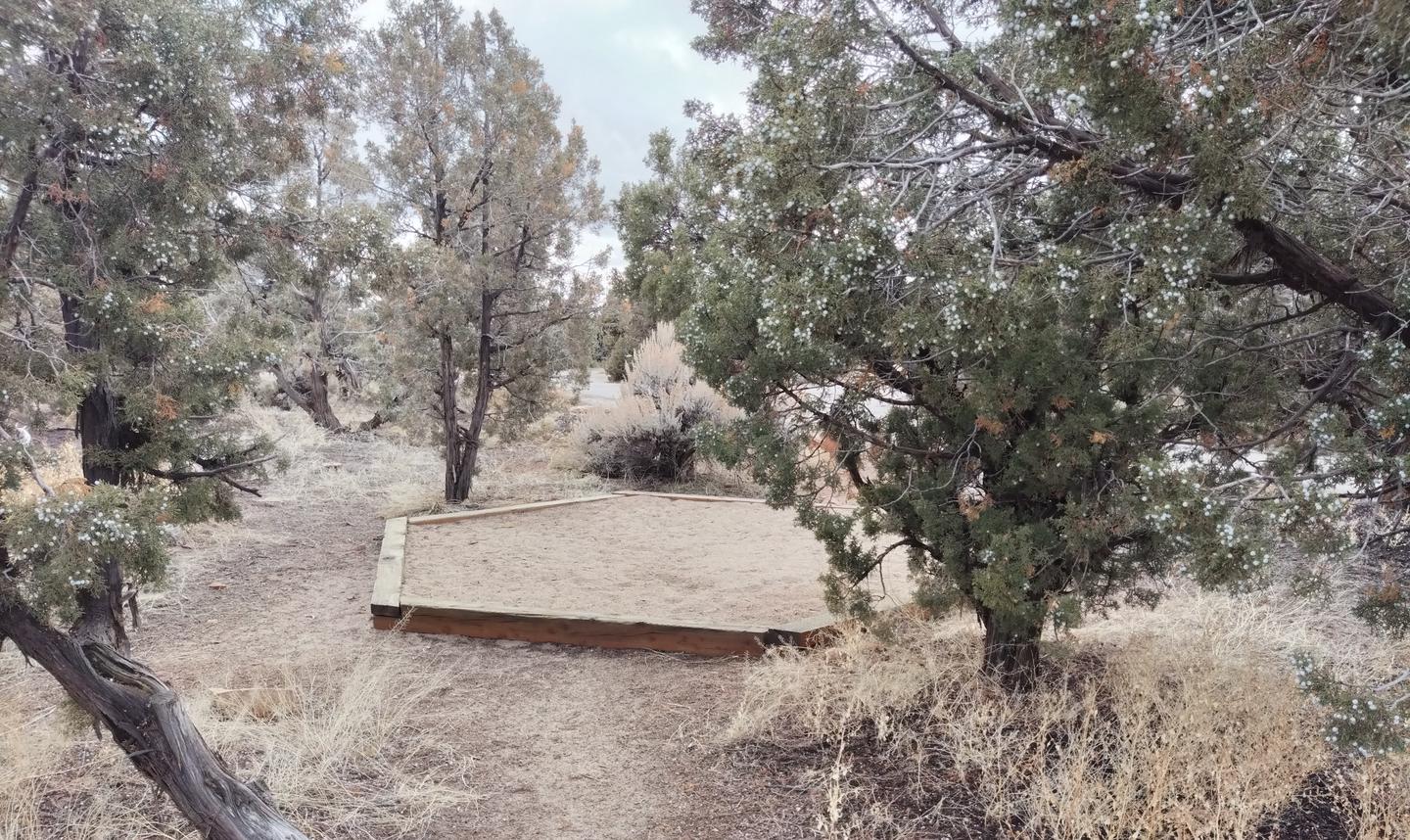 A small tent pad surrounded by forest.Site 10 has a tent pad, a picnic table and a metal fire ring. The site is surrounded by a pinon-juniper forest.