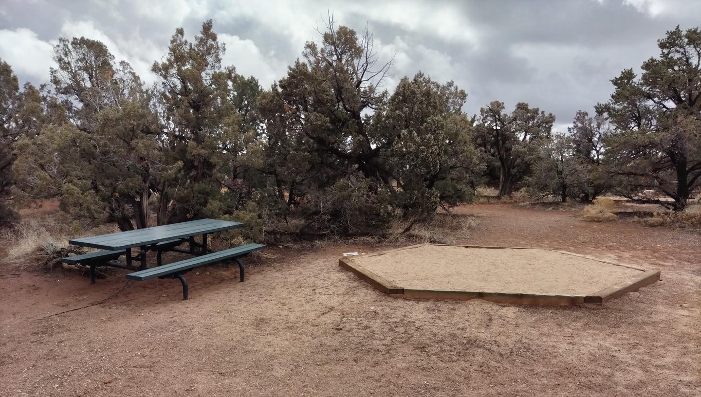 Picnic table and tent pad at Site 11 with a backdrop of juniper trees.Site 11 has a tent pad, a picnic table and a metal fire ring. The site is surrounded by a pinon-juniper forest.