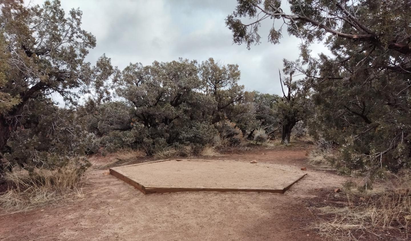 Tent pad, with a backdrop of pinon and juniperSite 4 has a tent pad, picnic table, and a metal fire ring. The site is surrounded by pinon-juniper forest.