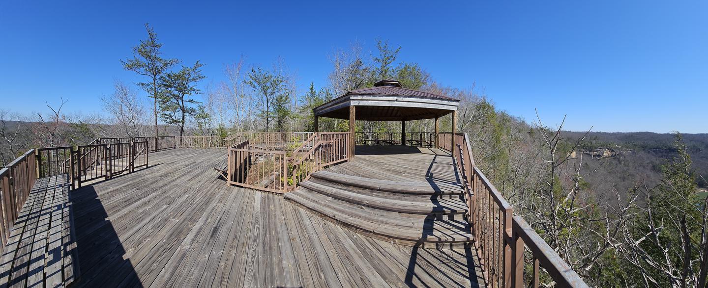 Wide angle view of gazebo from the outer most point with the sun shining.Wide angle view of Blue Heron Overlook and Gazebo.