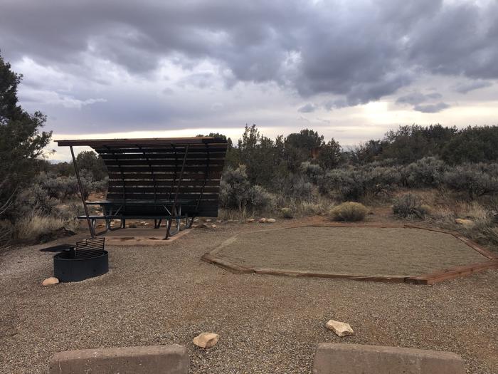 Picnic table, tent pad, and fire ring at Site 20