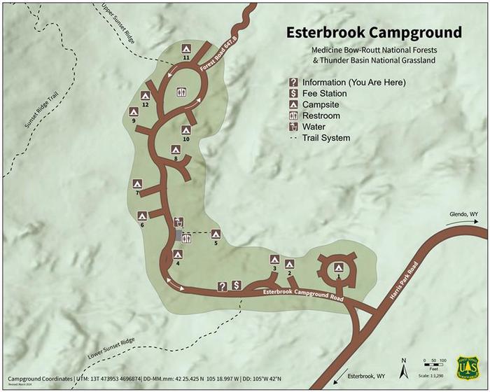 Map detail of Esterbrook Campground sites and amenitiesCampground map