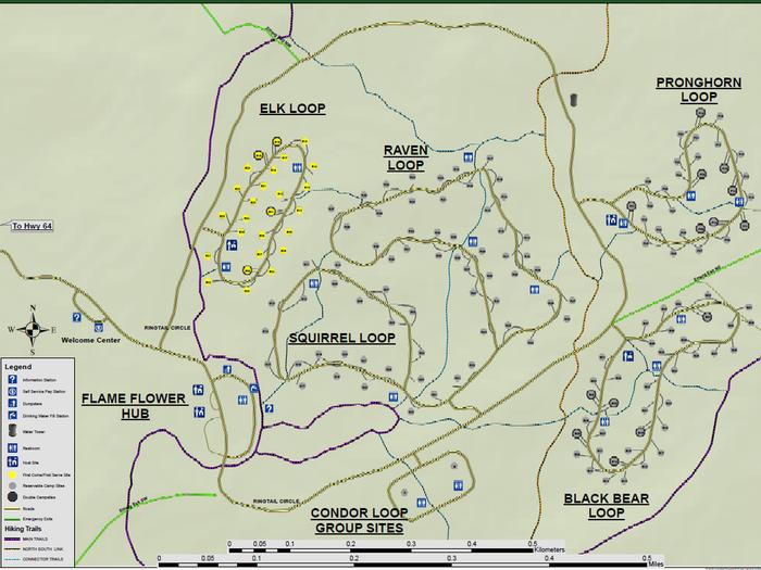 TEN X Campground MapCampsites are spacious and provide a picnic table, fire ring and hardened surface for tents and gear. There are five campsite loops (Elk, Raven, Squirrel, Black Bear, Pronghorn) and the Condor loop group sites, with a network of trails spanning across the campground.