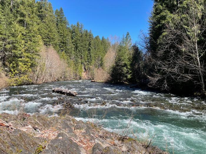 A wide and fast-moving river is shown. There is a rocky bank nearby while the bank further along is lined with trees.The Middle Fork flows nearby the campground, with trails in the campground leading to the banks of the river.