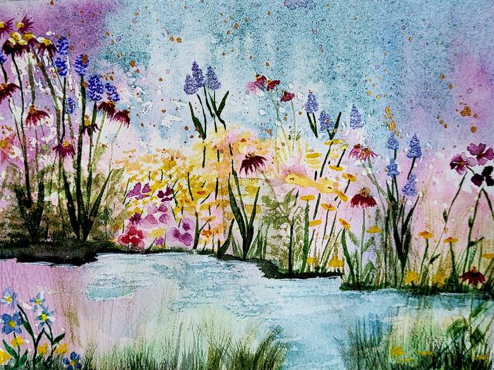 a watercolor painting of colorful flowers along a stream with a blue and pink backgroundWatercolor painting offers a unique way to connect with nature.