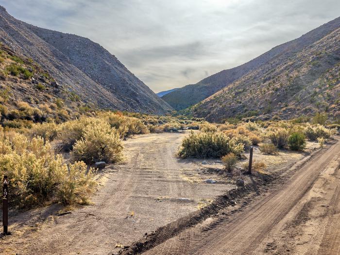 Gravel dirt road with pull-through campsite loop, brown post on ground labelled C-10, hillside backdrop with blue skies.Campsite C-10 along Cottonwood Canyon Road.