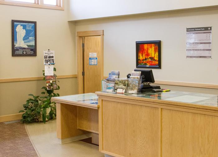 West Yellowstone Information Station NPS DeskThe NPS desk in the West Yellowstone Information Center can provide visitors with park information and permits.