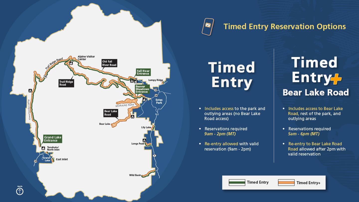 RMNP Timed Entry Graphic featuring a map of the parkTimed Entry Reservation Options