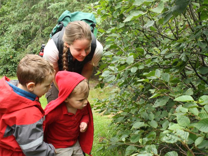two young children get close to some bushes as an adult instructor looks over their shoulders from behindPlant life flourishes in the summertime in Alaska.