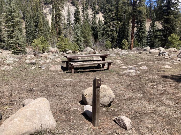 A photo of Site 09 of Loop F at WILLIAMS CREEK CAMPGROUND with Picnic Table, Sewer Hookup, Fire Pit, Shade, Water Hookup