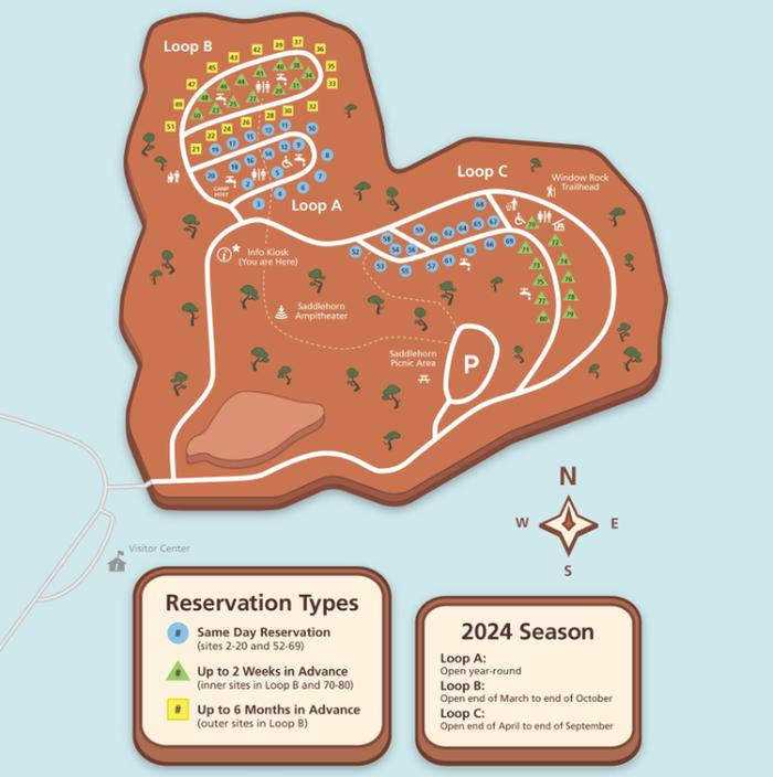 Map of Saddlehorn Campground that shows reservation types for each site.2024 Season Map of Reservation Types