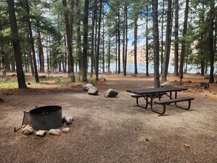 picnic table and fire ring in camp sitePicnic table and fire ring located at rear of site. Across road from lake, but great views!