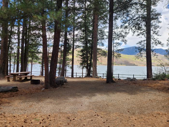 camp site parking spur with picnic table and fire ring near lakeSite 15, Premium, lakeside