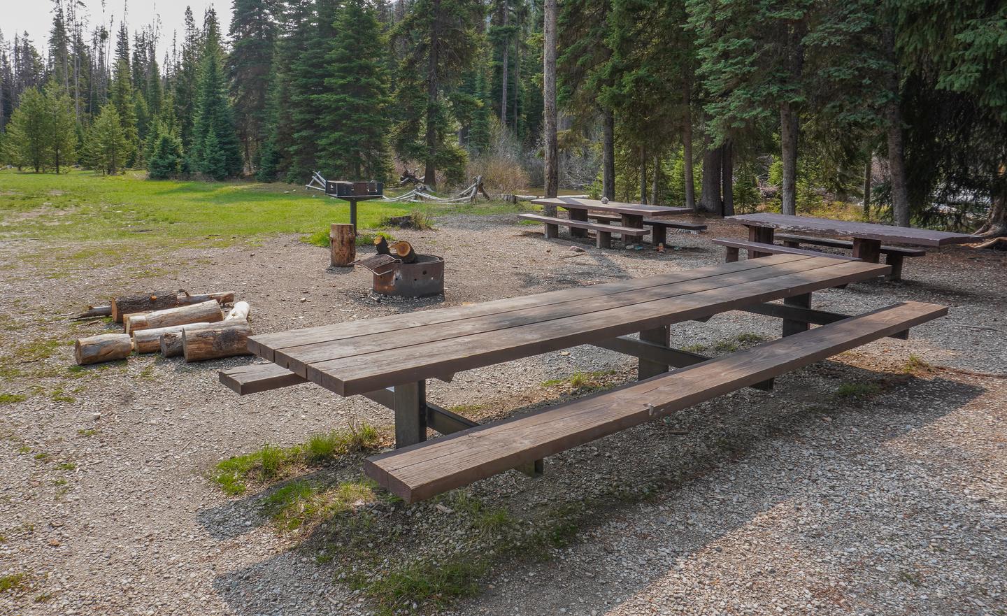 Fales Flat Campground Overview PictureView of group picnic tables, fire ring, and grill