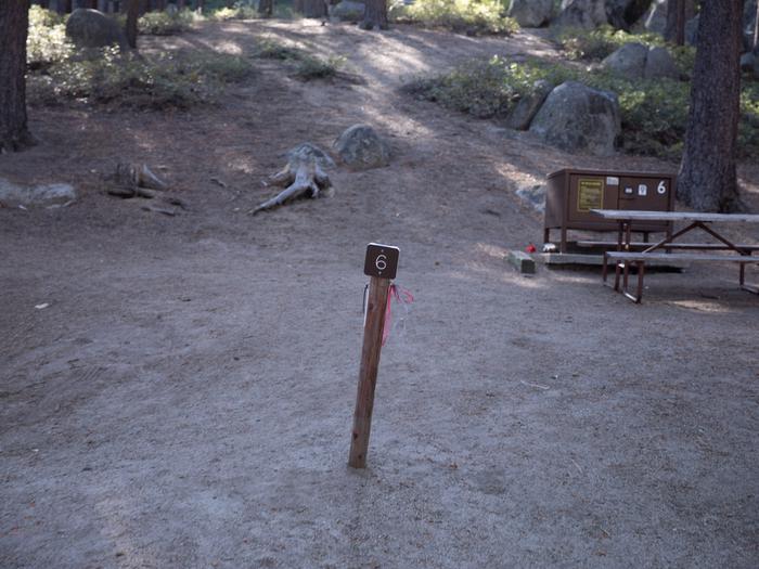 Campsite #6 tree shaded area, picnic table, and parking area.Campsite #6