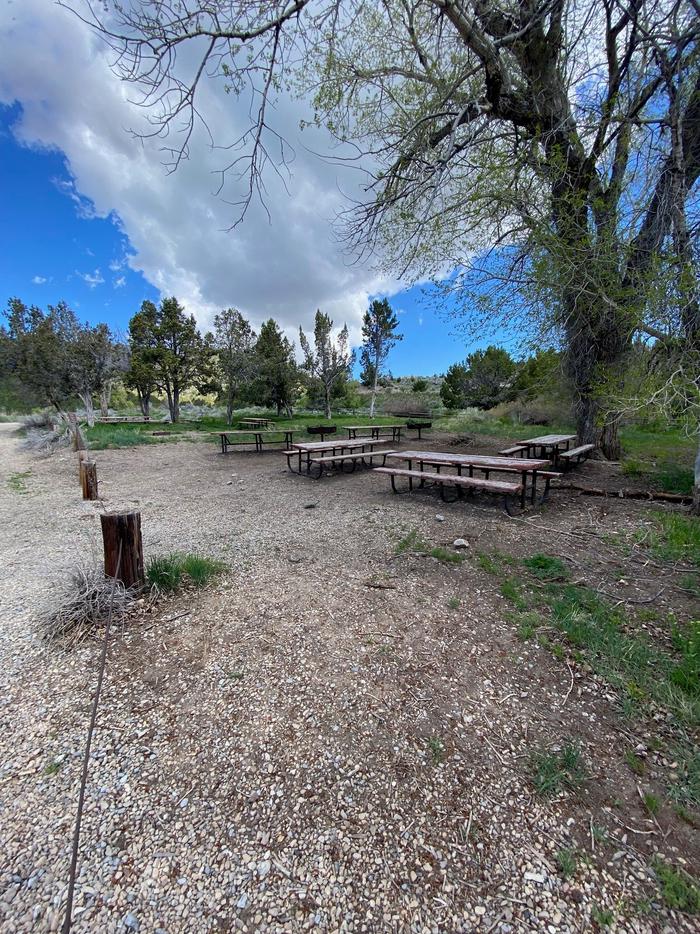 Group SiteSite 7 is a long rectangle with multiple tables and fire rings. The site is only a short walk to the bathroom, and near the spring-fed  stream.